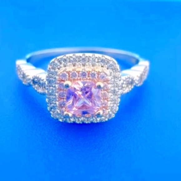 925 Silver Pave Set Square Cut Lab Created Pink Stone Cocktail Ring Size 7 - Picture 1 of 6